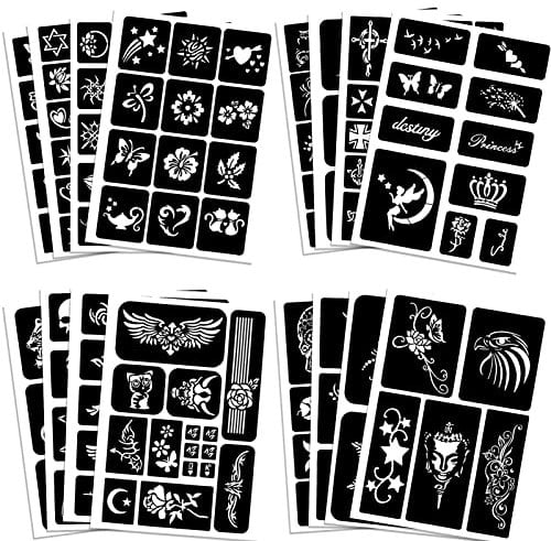 Qpout Tattoo Schablonen für Kinder und Erwachsene, 16 Blatt Henna Tattoo Schablonen Set, Temporäre Tattoo Schablonen Wiederverwendbar, Tattoo Stencils