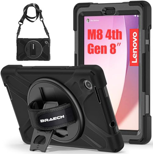 BRAECN Custodia per Lenovo Tab M8 4th Gen 2023 8 Pollici TB300FU, Antiurto Robusto Cover con Supporto Girevole a 360° e Cinturino a Mano, Portapenne, Tracolla Portatile, Nero