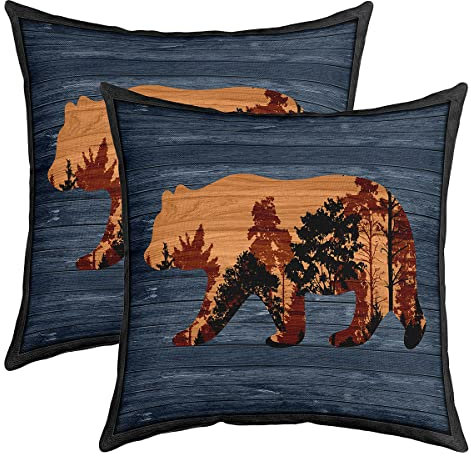 Bär Kissenbezüge 40x40cm Schlafsofa 2er Set Kissenbezüge Bär Sofakissen Couchkissen Kissenhütte Rustikale Kabine Land Natur Wildtiere Bär Blau Camper Kissenbezug Bauernhaus Inserts
