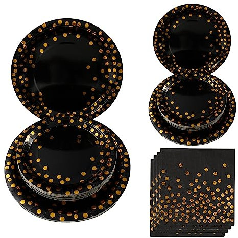 75Pièces noir or Anniversaire Party Vaisselle,25 invités Kit Vaisselles Anniversaire Assiette Dîner, Enfants Party Fête Mariages Baby Shower Noël