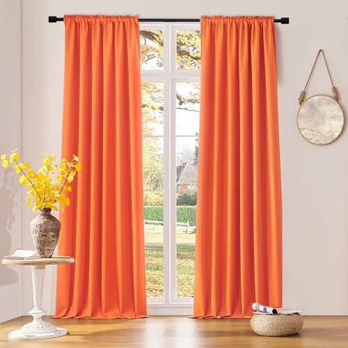 Lot de 2 rideaux occultants, thermo-isolants et brise-vue, orange vif, pour fenêtre haute de salon/villa, extra long 274 cm, 132 x 274 cm (l x L)