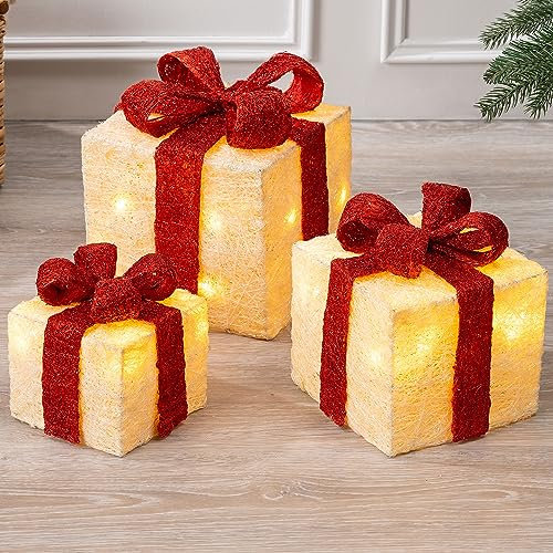 Christow Light Up, Warm White LED Parcels, Sisal Wrapped Gift Box Decorations, Battery Operated with Timer, Set of 3 (Red & Cream)