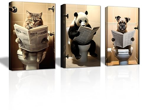 LZIMU Bathroom Wall Art - 3 Piece Panda Dog Cat Sitting on Toilet Reading Newspaper Canvas Prints - Funny Animals Wall Decor - Framed (16x24x3PCS (40.00 x 60.00cms x 3PCS))