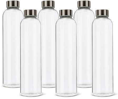 BrandPrint Bouteille en verre borosilicate modèle Eos de 1 l, avec bouchon à vis. Lot de 6 bouteilles. Pour eau, boissons et jus. bouchons, couleur argent, inclus.