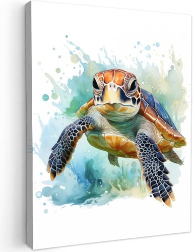 MuchoWow© Impression sur Toile Decoration Murale Peinture 50x70 cm Tableaux Decoratifs Muraux Décoration Chambre Tortue - Bleu - Blanc - Nature - Animaux