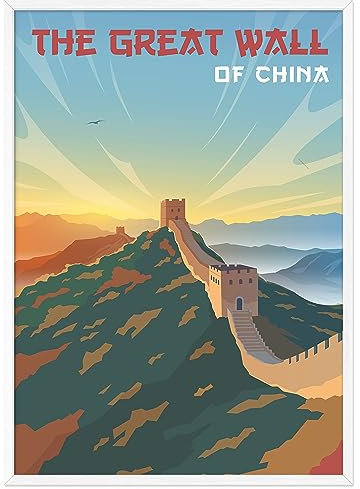 JUNOMI® China Poster DIN A2 | Wohnzimmer Deko, Modernes Wandbild, Große Mauer Poster, Reiseposter, China Wandbild | Mit Rahmen Weiß