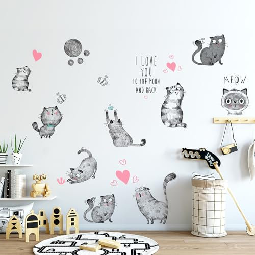 OOTSR Katze Wandtattoo, Niedlich Babyzimmer Wandsticker, Handgezeichnete Katze Wandaufkleber für Kinderzimmer DIY, Schlafzimmer Wanddeko für Junge Mädchen, Grau