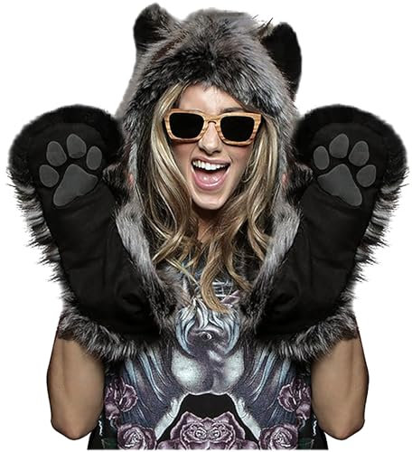 Malaxlx Damen Herren Winter Kunstpelz Flauschig Pelzigen Grauer Wolf Tier Kapuze Mütze mit Ohren Schal Pfoten Prints Tasche Handschuhe 3 in 1 Combo