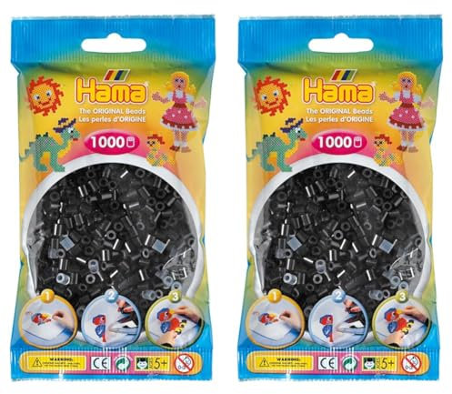 Hama Perlen 207-18 Bügelperlen Beutel mit ca. 1.000 Midi Bastelperlen mit Durchmesser 5 mm in Schwarz, kreativer Bastelspaß für Groß und Klein (Packung mit 2)