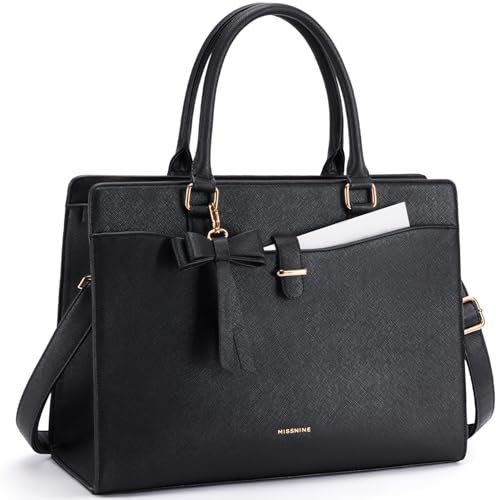 Missnine Borsa per computer portatile da 15,6 pollici in pelle PU Borsa da lavoro professionale Borsa da lavoro elegante borsa da ufficio per insegnante, nero
