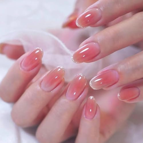 Ceboic 24Pcs Press on Nails French Tip, Almond Shaped False Nails Short Pink Blush Acrylic Fake Nails, Oval Removable Stick on Nails for Women and Girls DIY Nail Salon