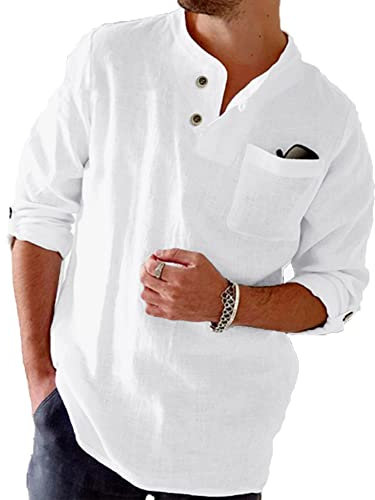 NANAMEEI Chemise Lin Homme Manches Longues Chemise Col Mao Homme Henley Ete de Plage Blanc M