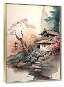 RKGHDCX Chinesische Gemälde auf Leinwand-pinke Blume Kunstdruck auf Wandbild mit Rahmen-Leinwand Wandkunst Poster und Drucke Bilder für Wohnzimmerdekoration 30x42cm12 x17 Goldrahmen