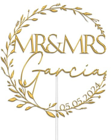 Personalised Acrylic Wedding Cake Topper by KreateSquare - Mr and Mrs Rustic Design - Customisable with Any Name and Any Date, Custom Colour – Wedding Cake Decoration (Gold)