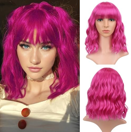 Short Bob Wigs Pink Wavy Wig With Air Bangs Women's Shoulder Length Wigs Curly Wavy Synthetic Cosplay Wig Pastel Bob Wig for Girl Colorful Wigs(12, Pink)