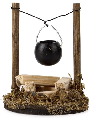 BETESSIN Wichtel Zubehör Weihnachten - Mini Lagerfeuer Set - inkl. Feuerstelle, Kessel und Holzklötze - Puppenhaus Zubehör - Miniatur Zubehör für Wichteltür, Puppenhaus Möbel, Krippe Zubehör UVM.