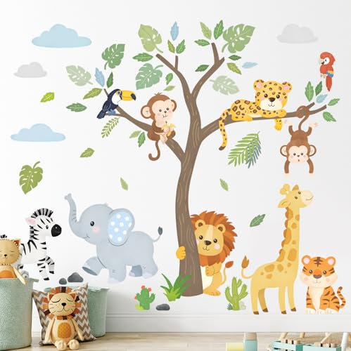 DECOWALL SG2-2418 Wandtattoos mit Safaritieren und Bäumen Dschungel-Dekorationen Babyzimmer Spielzimmer Klassenzimmer abziehen und aufkleben abnehmbar Kinderzimmer Schlafzimmer Kinder Wald
