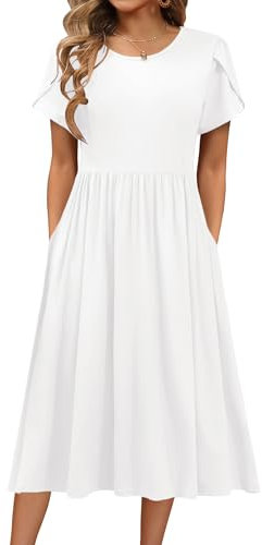 Hotouch Sommerkleid Damen Freizeit Kleider Einfarbig Rundhals Strandkleid Kurzarm Midi Kleid Lose A-Linie Kleider mit Tasche Weiß XL