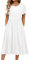 Hotouch Sommerkleid Damen Freizeit Kleider Einfarbig Rundhals Strandkleid Kurzarm Midi Kleid Lose A-Linie Kleider mit Tasche Weiß XL