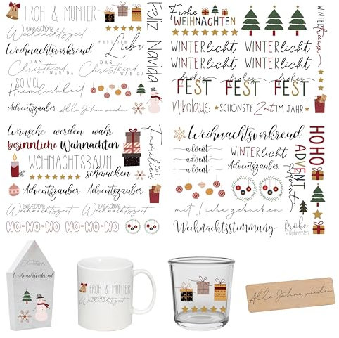 FloraVigo Rub On Sticker ca.A5 19x14cm-Abwischbare Folie für Weihnachtsdekoration, Keraflott, Zuhause, Möbel, Glas, Holz, Fotoalbum, DIY-Dekoration, Aufkleberästhetik(4PCS) (Weihnachten)
