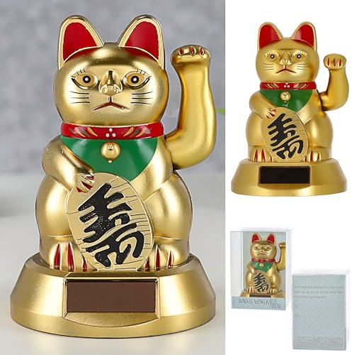 Cepewa Solar Winkekatze | Gold H8cm | Glücksbringer asiatisch | Dekokatze mit die winkenden Arm