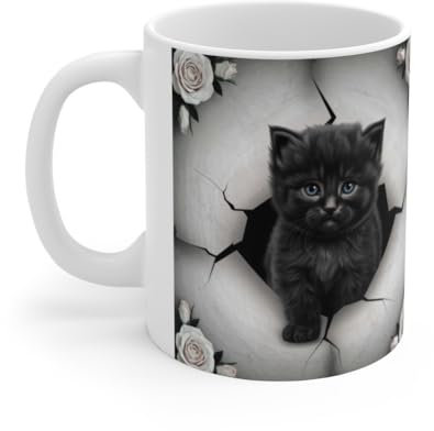 Mug Tasse Animal Chat Chaton Noir et Roses Blanches - Élégance et Mystère Félin Taille 11oz