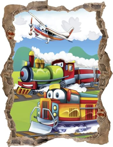 DesFoli Wandtattoo Comic Eisenbahn Flugzeug Kindermotiv - verschiedene Rahmentypen DW00008 Farbe Brauner Stein Hochformat, Größe 100 cm x 130 cm