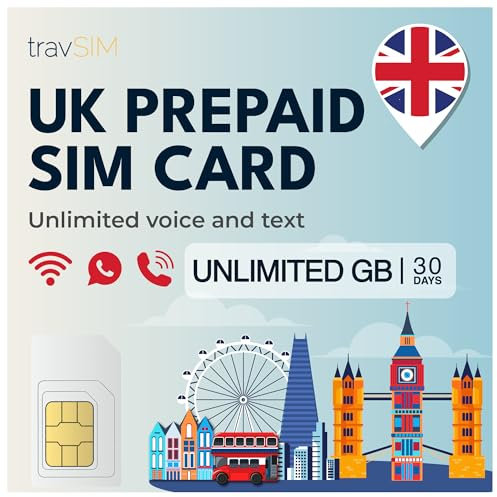 travSIM UK SIM-Karte | Unbegrenzte Datenmenge + Unbegrenzte Anrufe und Texte | 4G/5G-Geschwindigkeiten | Funktioniert in ganz Großbritannien | SIM-Karte UK ist 30 Tage lang gültig