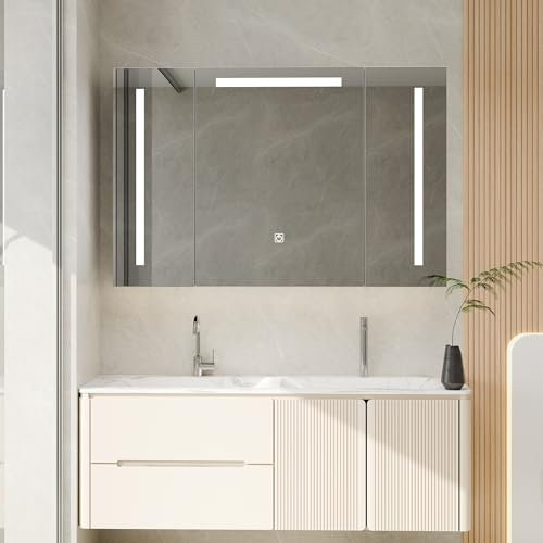 ALEAVIC Spiegelschrank Bad mit Beleuchtung 90x60cm Breit mit Razors Steckdose und 2 USB Buchsen, Badezimmer Schrank 16cm Tief - Smart Mirror mit 3 Einstellbare Lichtfarben
