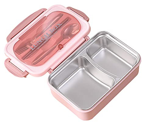 Porta Pranzo con 2 Scomparti e Cucchiaio Forchetta, Lunch Box in Acciaio Inox, Porta Pranzo Termico, Bento Box Ermetico Adatto a Microonde per Scuola, Ufficio, Viaggi e Picnic(Rosa)