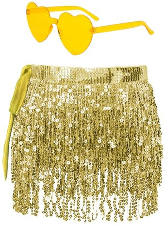 MUNSKT Pailletten Glitzer Rock mit Herz Brille, Quaste Minirock für Frauen Mädchen, Bauchtanz Latin Dance Hula Kostüm Rose Silber Gold Sommer Strand Party Karneval Geburtstag, gold, One size