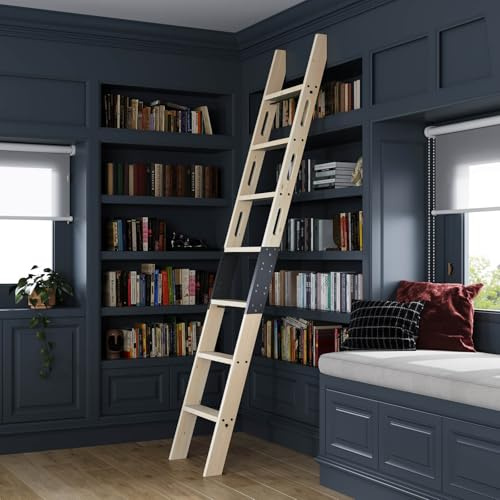 CEAKIAN 8FT Wooden Step Ladder with Build-in Handrail,Multi-use for Loft Stairs,Library Bookshelf,Kitchen,Workshop,Solid Spruce Wood,Easy Assembly,DIY Stain (Sliding Hardware is not Included)