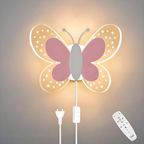 AoLa 12W LED Wandleuchte mit Schalter Dimmbar Schmetterling Wandlampe Kinder Nachttischlampe mit Kabel Nachtlicht Modern Wandbeleuchtung mit Fernbedienung Innen Wandleuchte für Kinderzimmer