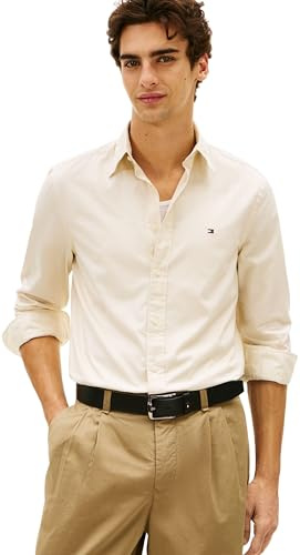 Tommy Hilfiger Herren Hemd Flex Poplin Solid Regular Fit, Elfenbein (Muslin), M
