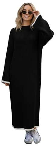 janisramone® Womens Long Sleeve Maxi Dress, Contrast Piping Trim Ribbed Knitted Jumper Dress, Winter Pull Over Knitted Dresses, Soft Ladies Maxi Dresses UK Black