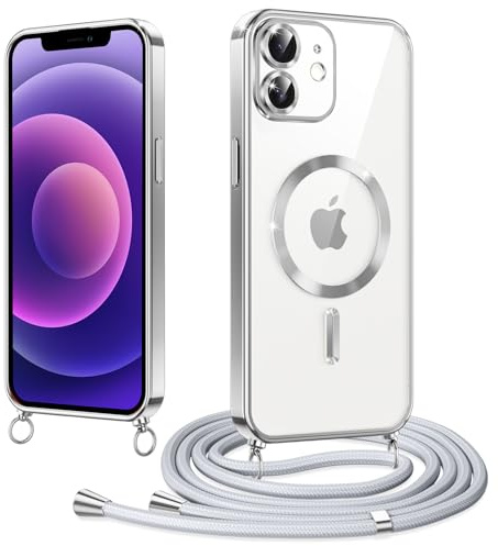 Micnkifo Magnétique Coque avec Cordon pour iPhone 12, Compatible avec MagSafe, Coque Magnétique en Galvanisé avec Réglable Collier Lanyard, Antichoc pour iPhone 12, Argenté