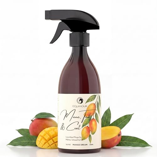 Equimour Man- & svansspray Mango – glansspray för häst, 500 ml | Glansspray med mangodoft — underlättar kamning och avmattning, dammavvisande vårdformel