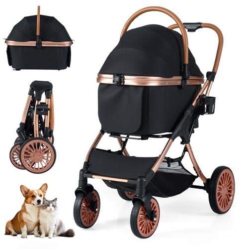COSTWAY 3 in 1 Hundewagen, Hundebuggy klappbar, bis 25 kg, Katzenbuggy mit abnehmbarer Transportbox, Sonnenschutz, Korb & Getränkehalter, Haustierwagen für Hunde & Katzen, Haustiere Buggy, Schwarz