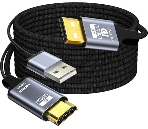 Coreprin HDMI to DisplayPort Adapter, 6 feet Active 4K@60Hz HDMI to DP Braided Cable, Uni-Directional HDMI to DP with USB Power for PS5, Xbox Series X/S, Switch, PC, Laptop to DP Monitor, NVIDIA AMD
