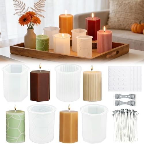 TZEKING Kerzenform Kerzen Kit,Kerzenform Silikon+200 Wachsdochte+2 Halter+10 Aufkleber,Kerzenformen Zum Gießen Set,3D DIY Silikonform Kerzen-Gießen Formen Set,Zylinder Kerzen-Gießform