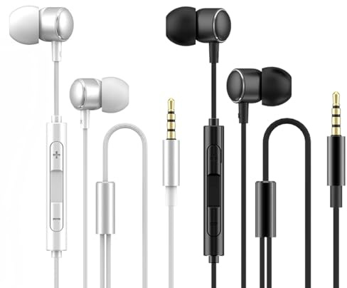 In Ear Kopfhörer mit Kabel, 2er Set mit Mikrofon und Lautstärkeregler, Stereo In Ear Ohrhörer, Leicht, Kompatibel mit Samsung, Tablet, Laptops, MP3 Player und Anderen 3,5 mm Geräten, Schwarz Weiß
