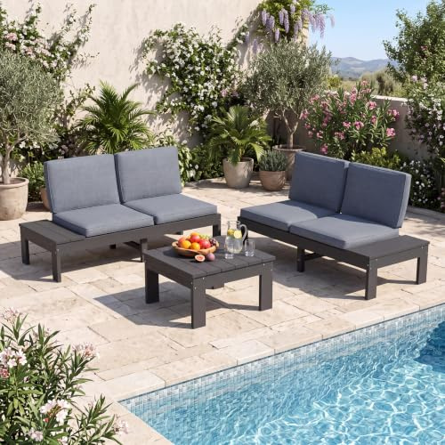 Domi HDPE Outdoor Lounge Set 3-teilig mit Couchtisch, Garten Loungemöbel, Lounge Sofa Set mit linkem und rechtem Sofa, gepolsterter Sitzgruppe und Couchtisch für Terrasse, Grau