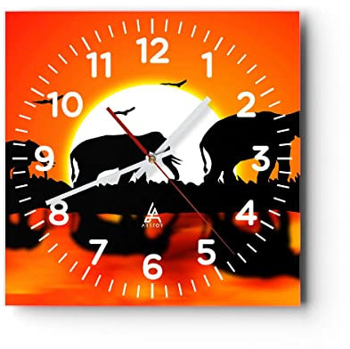 Modern Wanduhr Tiere Afrikaner Elefanten Natur 30x30cm Quadrat Klein Wand Uhr Glas Analog Zimmeruhren Küche Büro Wohnzimmer Glasuhr Wall Clock Dekoration Design Wanddekoration Küchenuhr C4AC30x30-0533