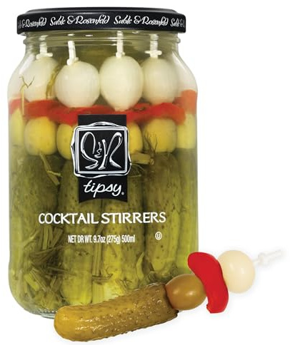 Sable & Rosenfeld Tipsy Garlic & Dill Cocktail Stirrers 16 oz Jar (Pack of 1), Hand-Packed Martini Pickles and Olive Skewers, Kosher, Gluten-Free Cocktail Garnish