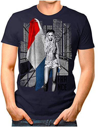 OM3® - France-Soccer-Girl - Herren T-Shirt Fan Support Fußball Trikot Sexy Frau Frankreich Vintage Navy M