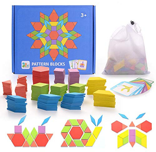 HellDoler Holzpuzzles Geometrische Puzzle 155 Teile Bausteine Montessori Spielzeug Grafische Klassische Pädagogisches Spielzeug mit 24 Design Karten für Kinder Kleinkind