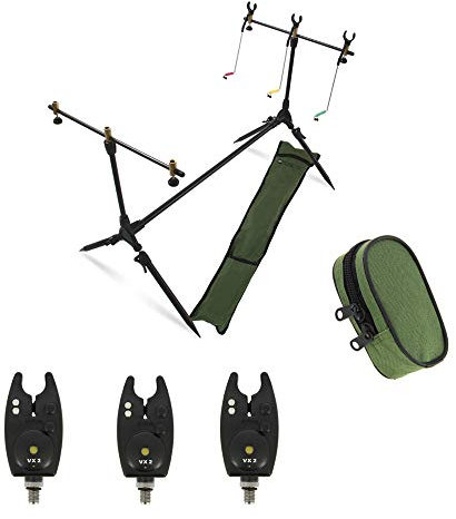 G8DS Set Rod Pod Rutenhalter + Tragetasche inklusive 3 Bissanzeiger mit Lautstärke- und Tonregler in Einer Tragetasche Karpfen Angeln