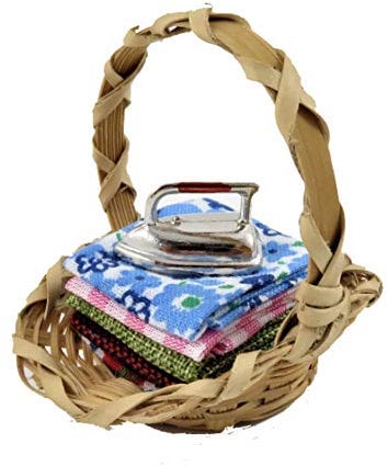 Melody Jane Dolls House Pile of Folded Ironing & Iron in Basket Kitchen Laundry Accessory