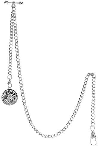 TREEWETO Cadena de reloj de bolsillo con barra en T para reloj de bolsillo Albert T-Bar con colgante antiguo del árbol de la vida y 2 ganchos para chaleco ojal, plata