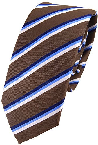 TigerTie - schmale Designer Krawatte in braun dunkelbraun blau weiß gestreift